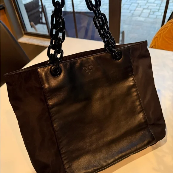 Prada Black Leather& Canvas Tote Bag - Picture 5 of 13